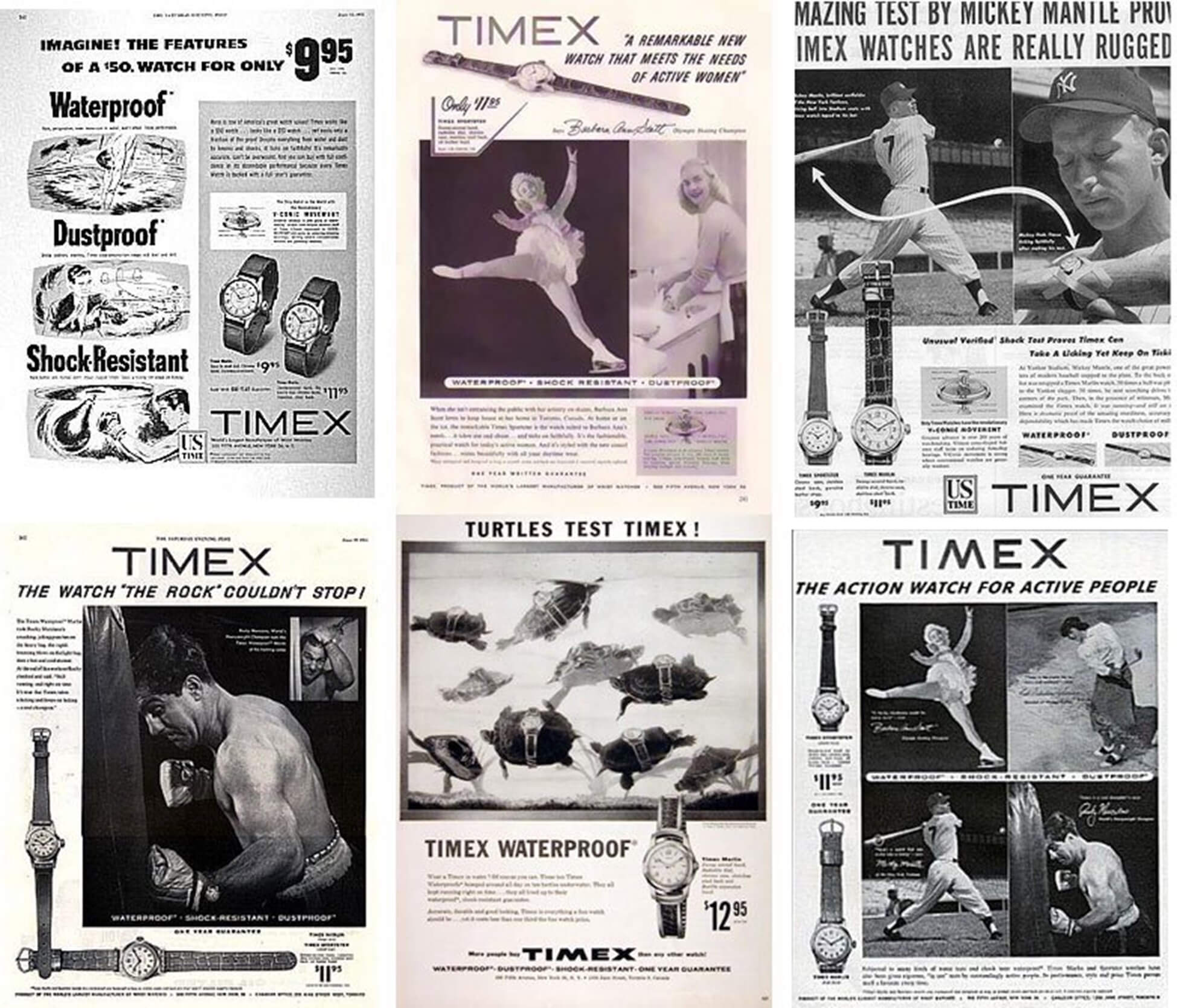 Реклама Timex наглядно показывала, что эти часы не боятся ни сильных ударов, ни подводного плавания